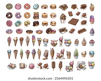 A set of hand-drawn colored sketches of donuts. Vintage illustration. Pastry sweets, dessert. Element for the design of labels, packaging and postcards.