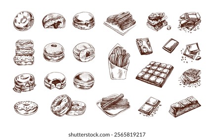 A set of hand-drawn colored sketches of donuts. Vintage illustration. Pastry sweets, dessert. Element for the design of labels, packaging and postcards.