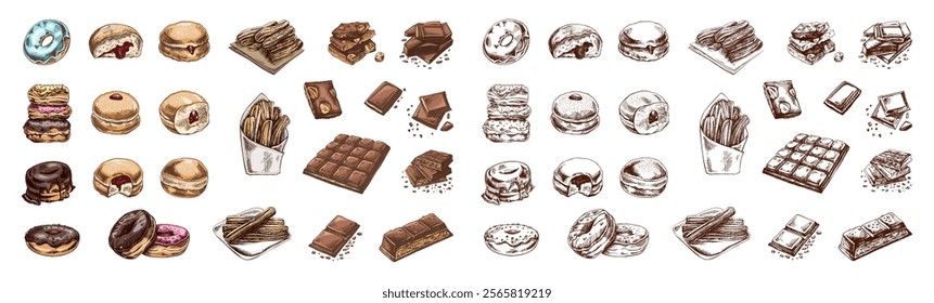 A set of hand-drawn colored sketches of donuts. Vintage illustration. Pastry sweets, dessert. Element for the design of labels, packaging and postcards.