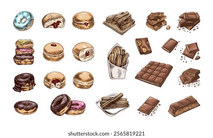 A set of hand-drawn colored sketches of donuts. Vintage illustration. Pastry sweets, dessert. Element for the design of labels, packaging and postcards.