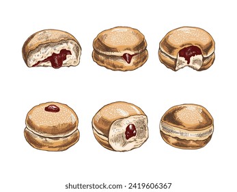 A set of hand-drawn colored sketches of a traditional German or Polish donut with jam, dusted. Vintage illustration. Pastry sweets, dessert. Element for the design of labels, packaging and postcards.