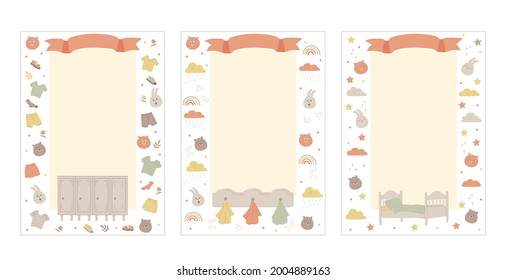 Set of hand-drawn colored vector templates, frame for list of personal towels, lockers and bed places in kindergarten or children's summer camp with cute animals. A4 format blanks for printing