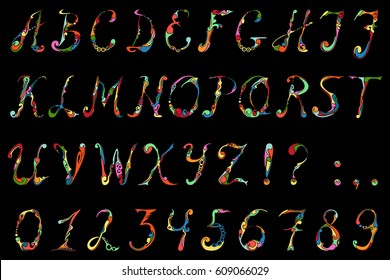 Set of hand-drawn colorful alphabet and numbers. Abstract capital letters with swirl. Vector ABC illustrations.