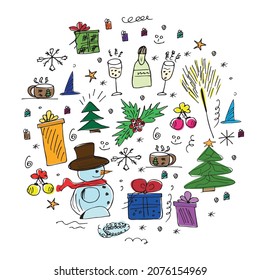 set of hand-drawn colorful Christmas elements in a circle in the style of doodles for conceptual design. vector illustration isolated on a white background.Christmas celebration,packaging, cards