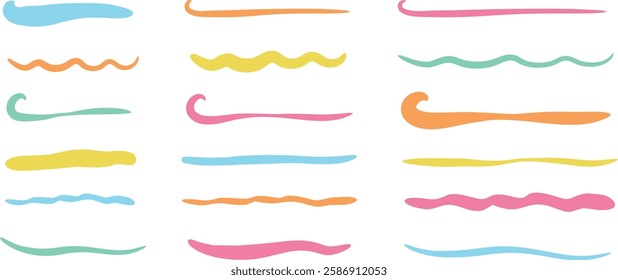 Set of hand-drawn colorful fun underlines for decoration. Vector illustration isolated on a transparent background.