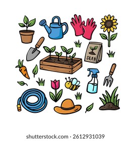 Set of Handdrawn Colorful Garden Doodle Set with Tools, Plants, Flowers, and Farming or Agriculture Harvest Elements