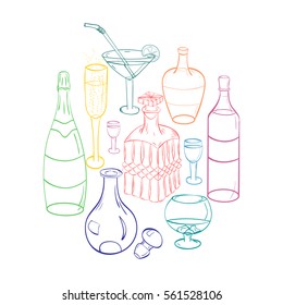 Set of Hand-Drawn Colorful Glasses, Bottles and Glass Decanters Arranged in a Shape of Circle. Sketch Drawing Glasses isolated on White. Vector Illustration.