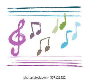 Set of hand-drawn colorful music elements. Vector illustration. Isolated.