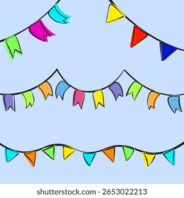 Set of hand-drawn colorful party bunting flags on a light blue background. Perfect for birthday cards, festive banners, invitations, and celebration designs.