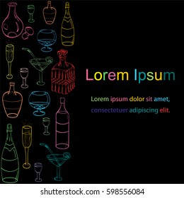 Set of Hand-Drawn Colorful Sketch Glasses, Bottles and Glass Decanters on Black. Template for Fliers, Banners, Badges, Menu, Stickers and Advertising Actions. Vector Illustration.