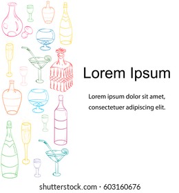 Set of Hand-Drawn Colorful Sketch Glasses, Bottles and Glass Decanters. Template for Fliers, Banners, Badges, Menu, Stickers and Advertising Actions. Vector Illustration.