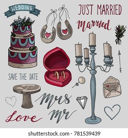  Set of hand-drawn colorful  Wedding elements. Set of Ornamental Wedding Style Elements. Wedding cake, heart, text, ribbon, candle with candlestick and other elements.