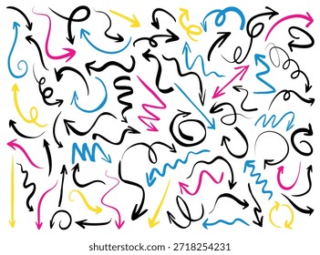 Un conjunto de flechas de color dibujadas a mano. Material para gráficos de negocios y presentaciones educativas en el tablero. 