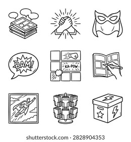 A set of hand-drawn comic book elements including speech bubbles, panels, and superhero imagery