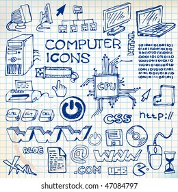 Set of hand-drawn computer icons  on checkered paper (vector)