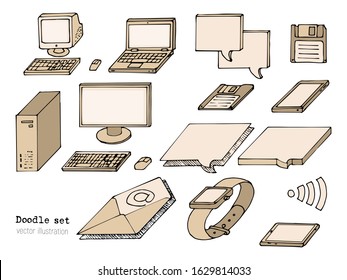 Set of hand-drawn computer icons. Vintage PC, gadgets sketch. Retro technology elements in cartoon style. Doodle print. 90s Floppy disk, message box, watches, laptop.Vector illustration. School