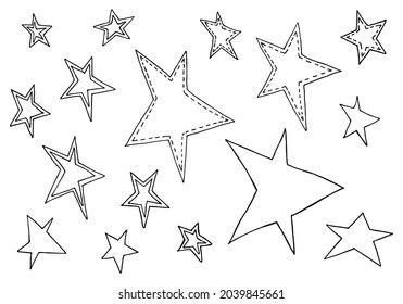 Set of hand-drawn contour stars. Simple linear vector black and white pattern