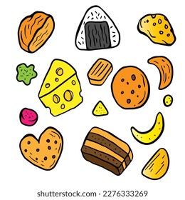 set of hand-drawn cookie and food illustrations for label, symbol, pattern and bakery