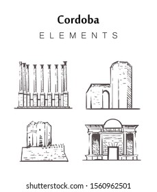 Set of hand-drawn Cordoba buildings, elements sketch vector illustration. Tower,Calahorra,Puerta,del,Puente,Roman,temple.