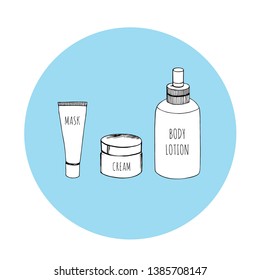Set of hand-drawn cosmetic package. Bottles for body lotion, cream and mask.  Vector illustration.