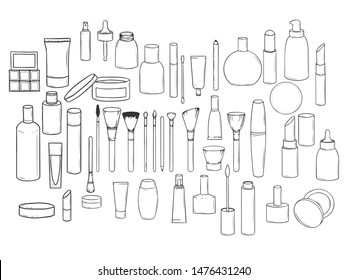 
Set of hand-drawn cosmetics isolated on a white background. Collection of jars, tubes and bottles in doodle style. Vector illustration