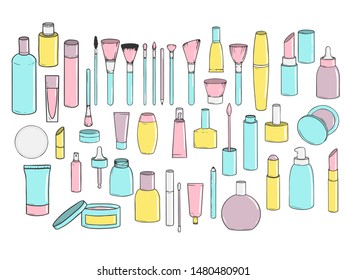 Set of hand-drawn cosmetics isolated on a white background. Jars, tubes, brushes and bottles collection. Vector illustration