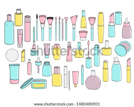 Set of hand-drawn cosmetics isolated on a white background. Jars, tubes, brushes and bottles collection. Vector illustration
