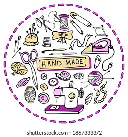 Set of hand-drawn craft supplies and tools. Doodle design elements isolated on white background. Vector illustration