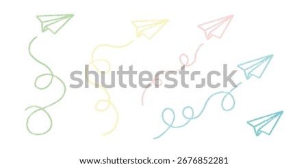 Set of handdrawn crayon paper airplane doodles. Simple and whimsical vector elements representing travel, communication, or childhood. Chalk drawing paper planes with curving flight path set. 