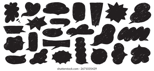 Set of Hand-Drawn Crayon Speech Bubbles. Black Sketch Comic Balloon Shapes.