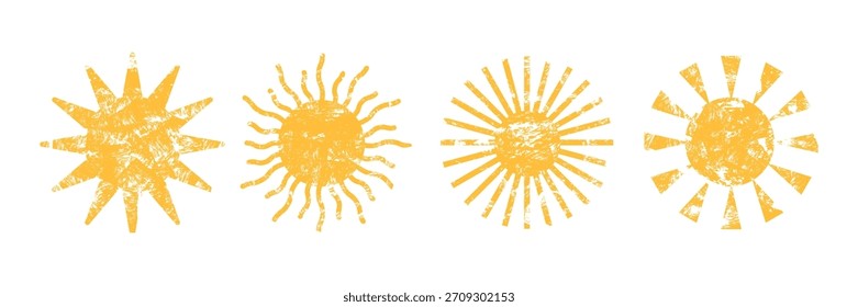 Set of hand-drawn crayon sun icons with playful chalk texture. Cute children’s style suns with rough grainy strokes, warm yellow colors and vintage crayon effect for kids design and summer artwork.