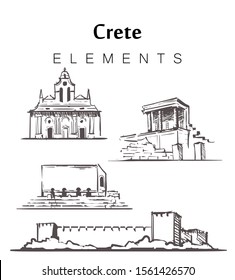 Set of hand-drawn Crete buildings, elements sketch vector illustration. The Palace of Knossos, the Ancient city of Gortys, Arkadi Monastery, the castle of Frangokastello.