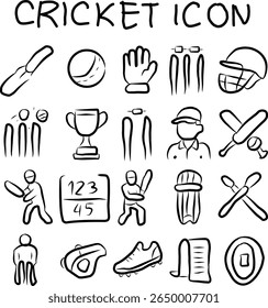 Set of hand-drawn cricket icons featuring bats, balls, players, stumps, gloves, scoreboard, and trophies. Great for sports graphics, apps, and presentation use.