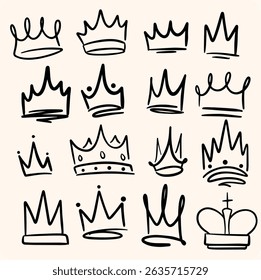 Set of Hand-Drawn Crown Doodles and Royal Symbols