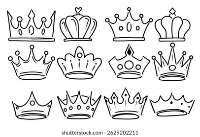 Conjunto de Ilustrações de Coroa Desenhadas à Mão em Estilo Doodle. Line Art of Royal Crowns for King and Queen (em inglês).