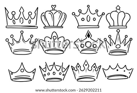 Set of Hand-Drawn Crown Illustrations in Doodle Style. Line Art of Royal Crowns for King and Queen.
