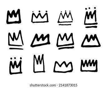 Set of hand-drawn crowns in black. Vector. Doodle. Suitable for illustrations.