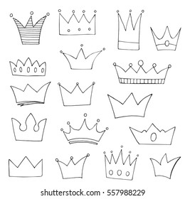 Set of hand-drawn crowns in doodle style. Black and white Sketch. Black and white vector design elements