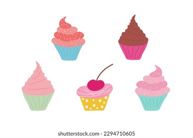 A set of hand-drawn cupcakes on a white background with different creams and packaging. for cards, illustrations, banners, flyers, invitations. vector illustration.