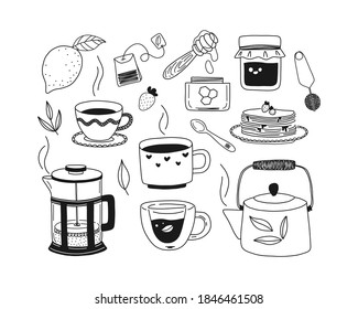 Set hand-drawn cups of tea, teapot, herbs, lemon, honey, jam, pancakes, french press. Black and white vector illustration.