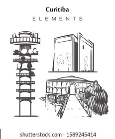 Set of hand-drawn Curitiba buildings, elements sketch vector illustration. Arab memorial, Aram Opera, Merces Tower.