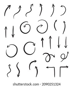 A set of hand-drawn curved arrows. Sketch doodle style. Collection of pointers. Vector illustration