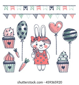 Set of hand-drawn cute bunnies and festive elements. Lovely girl bunnies.