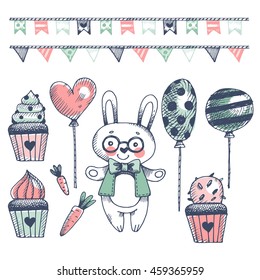 Set of hand-drawn cute bunnies and festive elements. Lovely boy bunnies.