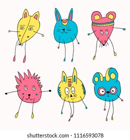 Set of hand-drawn cute cartoon characters. Vector illustration with the head of funny animals for baby textile, design posters, and surface design