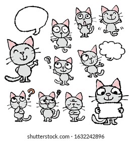 Set of hand-drawn cute cats illustration with various face expressions and poses