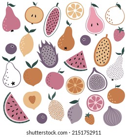 A set of hand-drawn cute fruits. Bright delicious pear, apple, watermelon, papaya, peach, fig, lemon, orange. Vector illustration