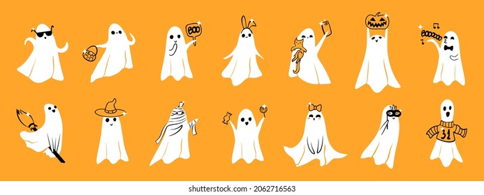A set of hand-drawn cute ghost.Halloween concept. Cute cartoon creepy characters.