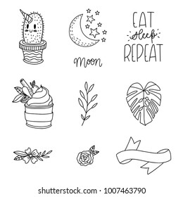 Set of hand-drawn cute modern stickers. Lovely simple illustrations. Fashion patch badges, pins, patches in cartoon 80s-90s comic style.