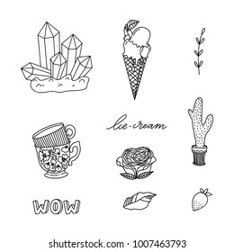 Set of hand-drawn cute modern stickers. Lovely simple illustrations. Fashion patch badges, pins, patches in cartoon 80s-90s comic style.